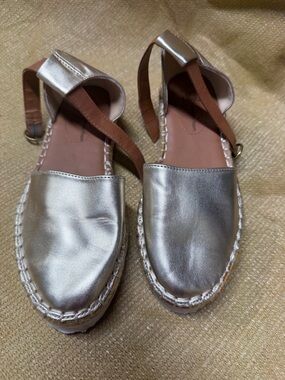 Time and Tru Metallic Silver Espadrille Sandals with Tan Ankle Straps